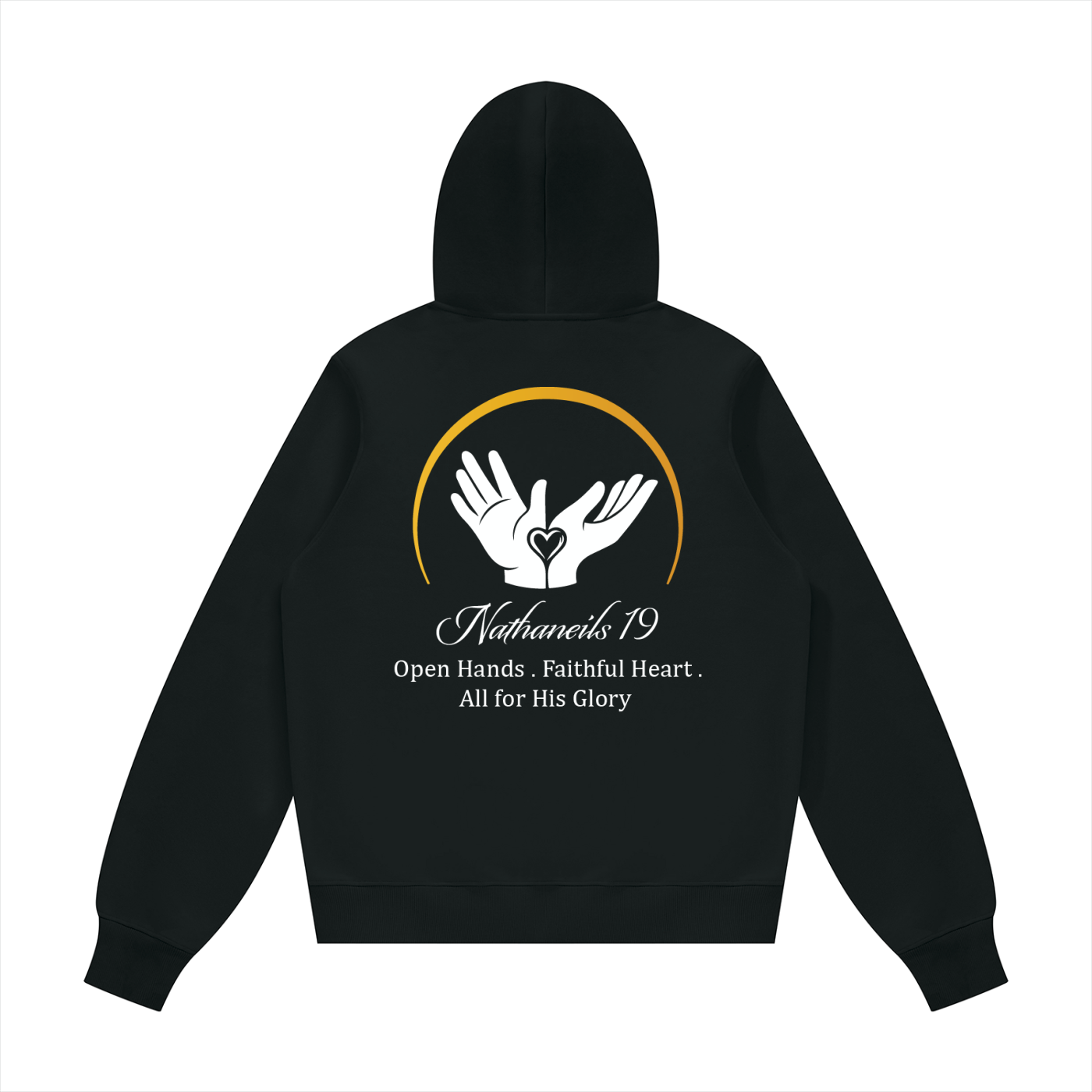 Nathaneils19 • Open Hands Hoodie — Black Unisex • Front & Back Logo