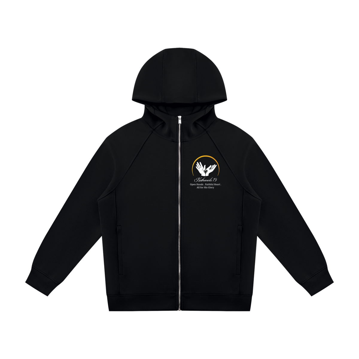 Nathaneils 19 Open Hands Unisex Raglan Full Zip Hoodie