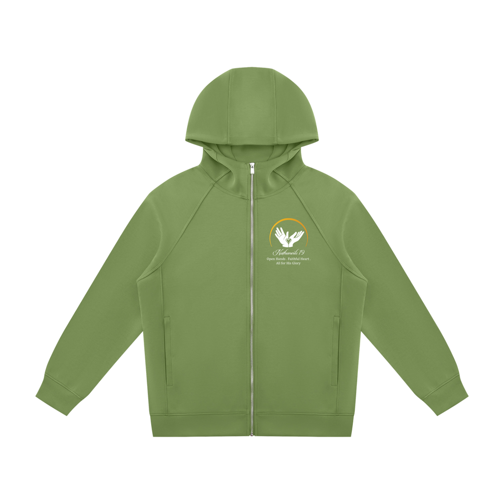 Nathaneils 19 Open Hands Unisex Raglan Full Zip Hoodie