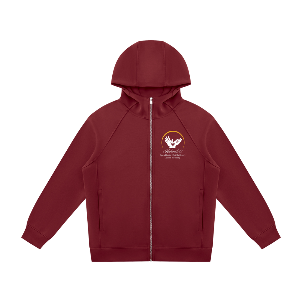 Nathaneils 19 Open Hands Unisex Raglan Full Zip Hoodie