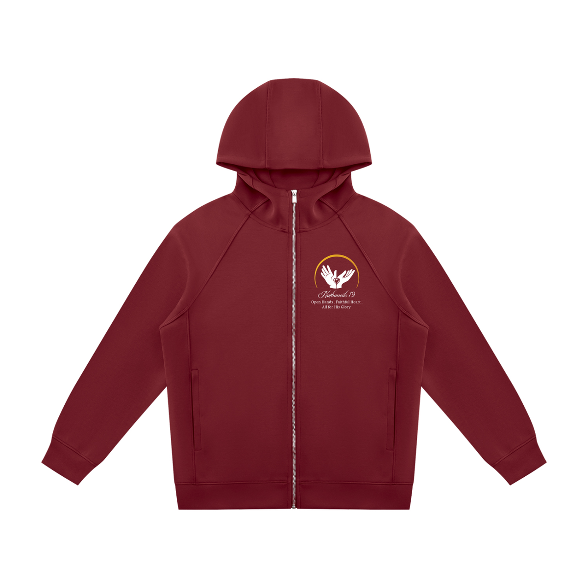 Nathaneils 19 Open Hands Unisex Raglan Full Zip Hoodie