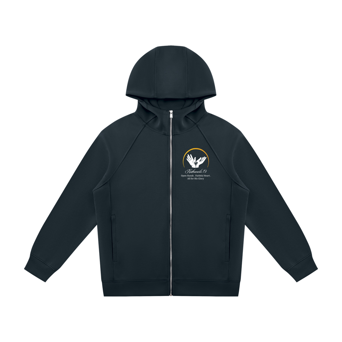 Nathaneils 19 Open Hands Unisex Raglan Full Zip Hoodie